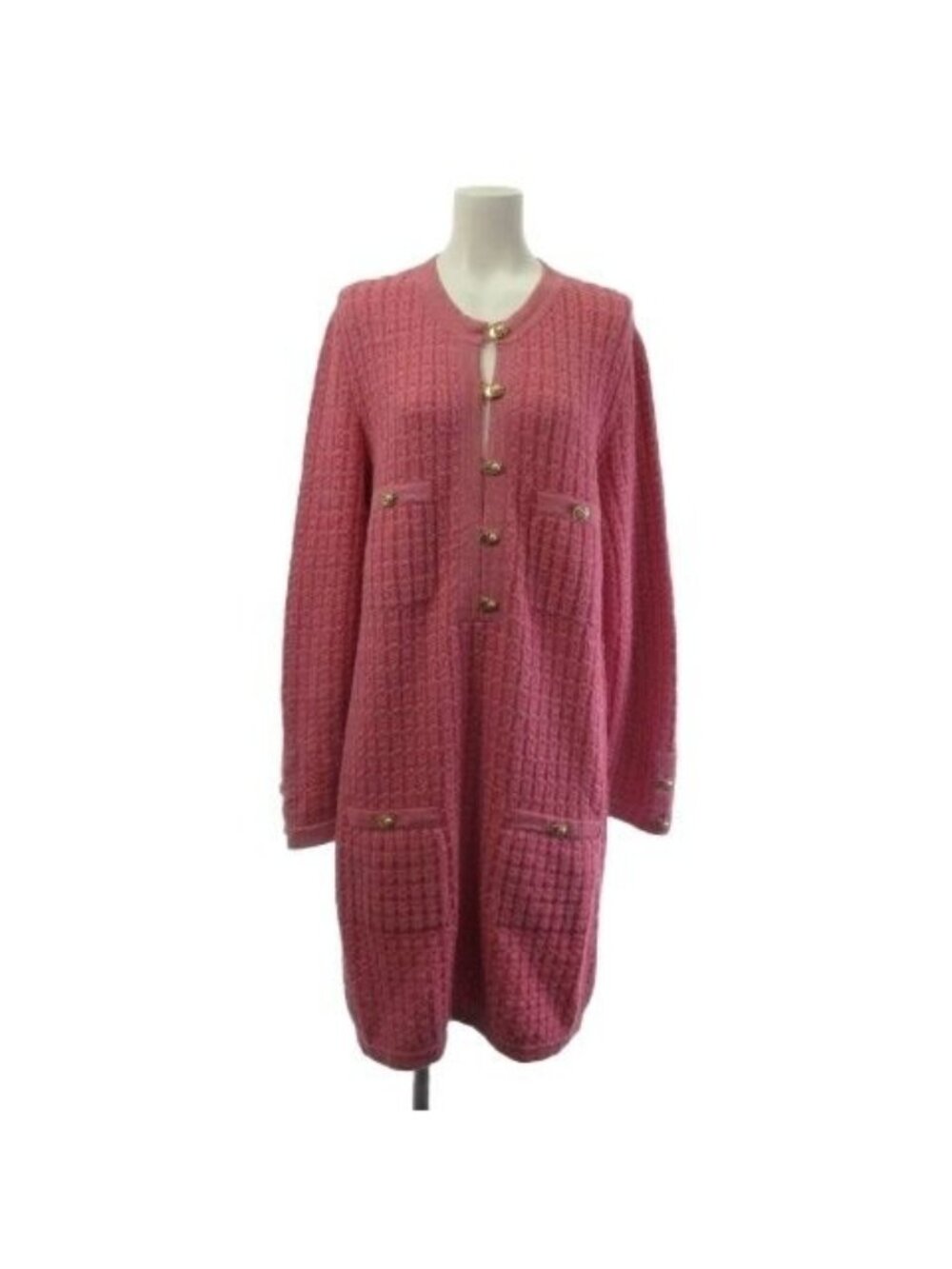 Chanel Tweed Knit Dress Long CC Logo Faux Pearl Gold Button Pink 42
